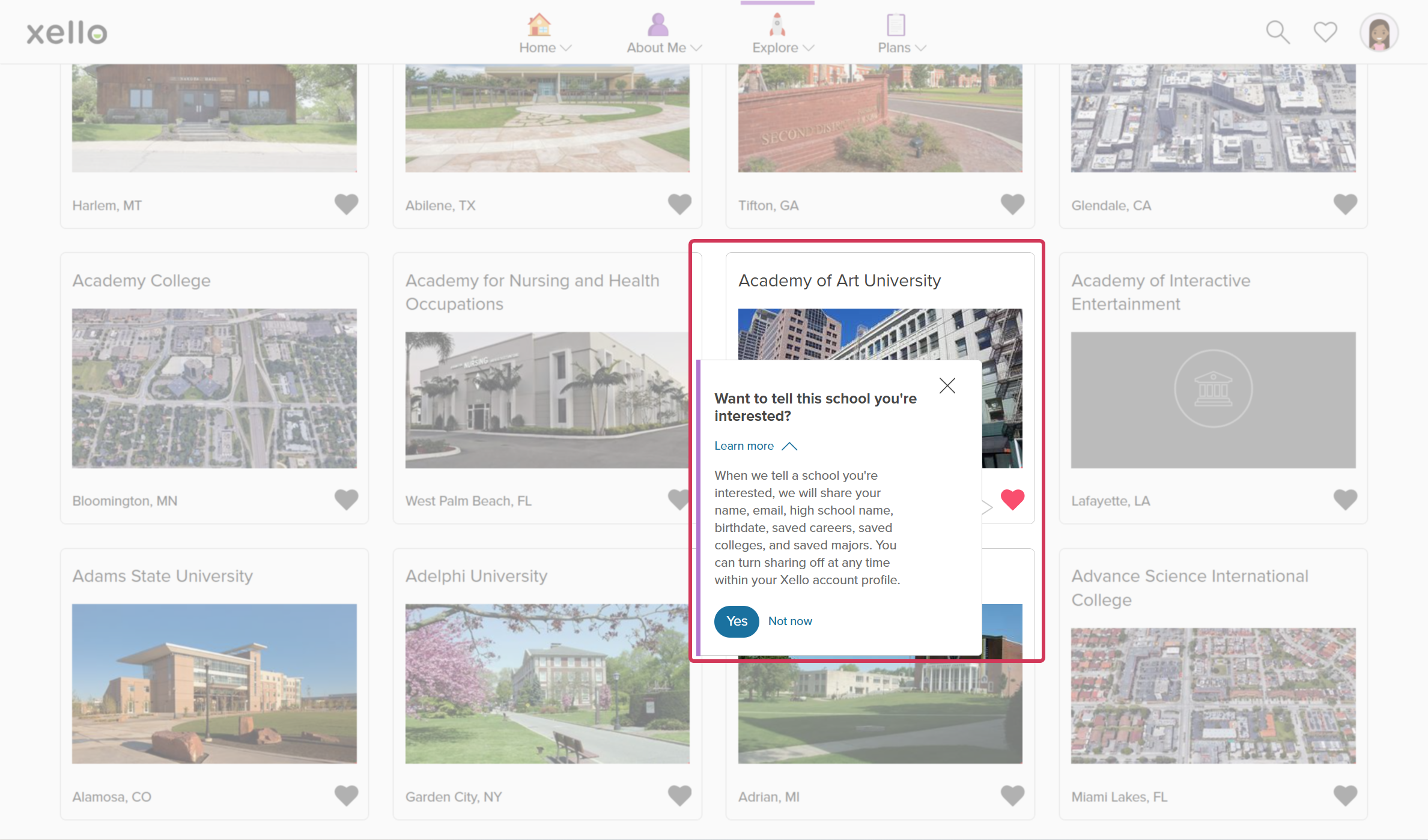 Student account in Xello on the Explore schools page. The student is saving a college and there's a message asking if they want to tell the school they're interested.